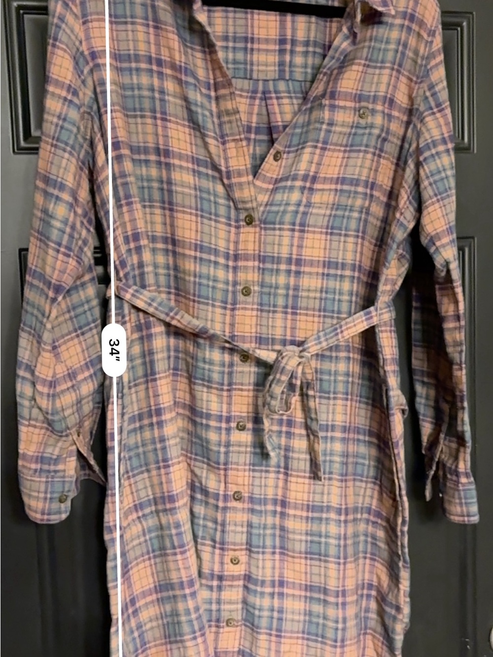 Toad&Co Peach and Blue Plaid Midi Shirt Dress with Self-Tie - Picture 7 of 9